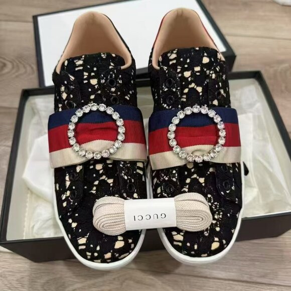 NIB Authentic Gucci Black Lace Ace Web Crystal Embellished Sneaker - Picture 4 of 6